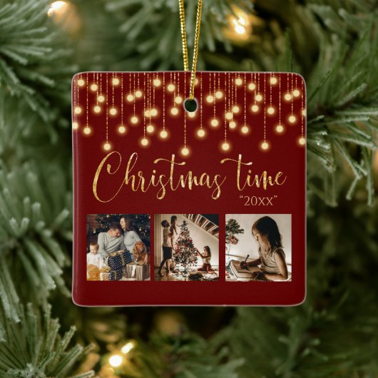 3 Fotocollage Rustic String Lights Keramisch Ornament (Boom)