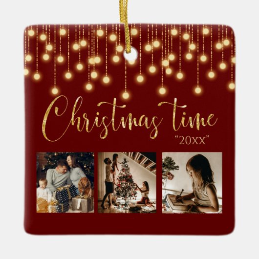 3 Fotocollage Rustic String Lights Keramisch Ornament (Voorkant)