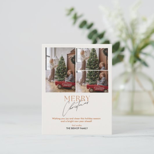 3 Fotocollage Vrolijke Kerstmis Script Groet Feestdagenkaart (Staand voorkant)