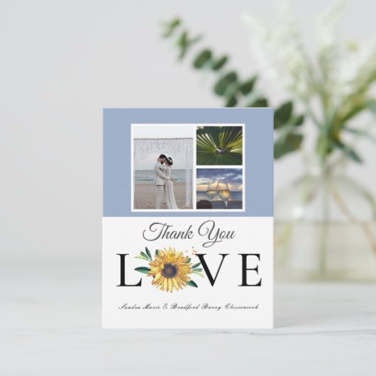 3 Fotocollage Zonnebloem Dusty Blue Wedding Bedankkaart (Staand voorkant)