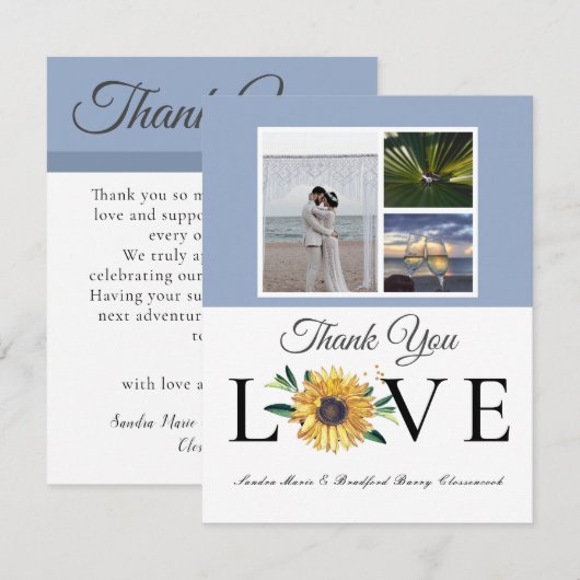 3 Fotocollage Zonnebloem Dusty Blue Wedding Bedankkaart (Voorkant / Achterkant)