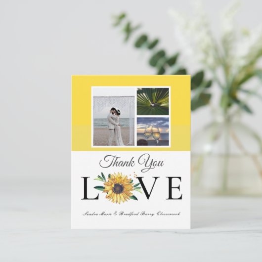 3 Fotocollage Zonnebloem Grijs Geel Bruiloft Bedankkaart (Staand voorkant)