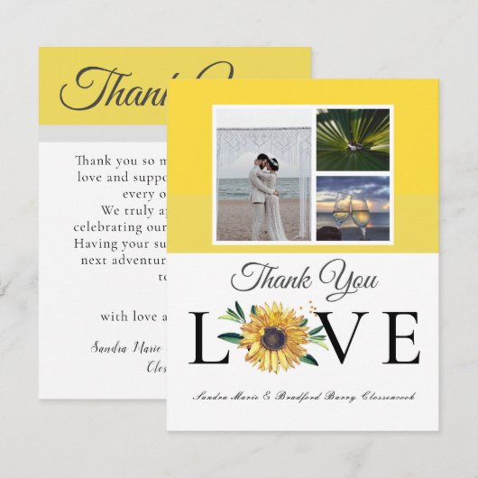 3 Fotocollage Zonnebloem Grijs Geel Bruiloft Bedankkaart (Voorkant / Achterkant)