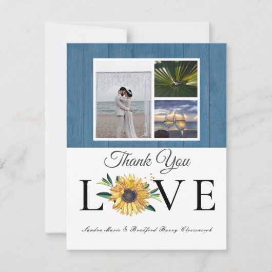 3 Fotocollage Zonnebloem Stoffig Blauw Hout Bruilo Bedankkaart (Voorkant)