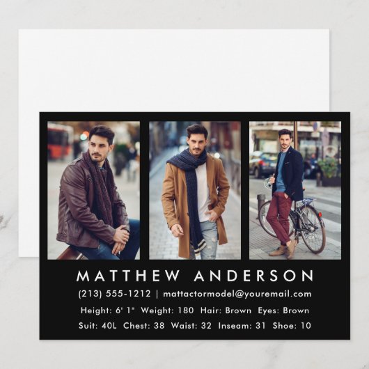 3 Fotomodel Actor Comp Kaart Black (Voorkant / Achterkant)