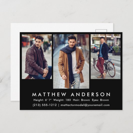 3 Fotomodel Actor Photo Comp Card Briefkaart Blk (Voorkant / Achterkant)