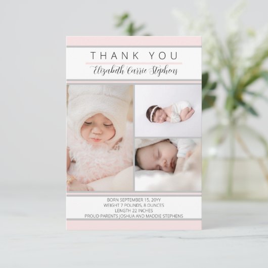 3 Fotoroze witte Baby shower |Aankondiging geboort Bedankkaart (Staand voorkant)