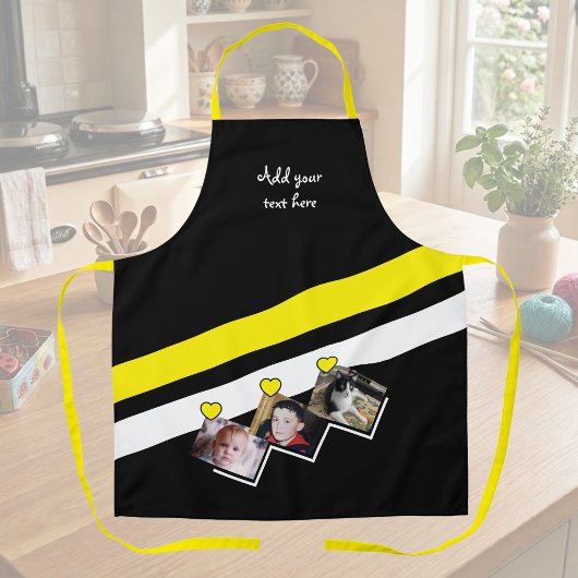 3 foto's aangepaste tekst zwart geel schort
