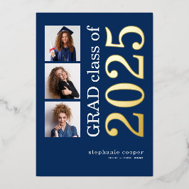 3 foto's Afstudeerder 2025 Navy Gold Foil Aankondi Folie Uitnodiging