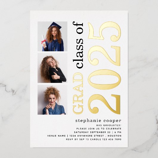 3 Foto's Afstuderen 2022 White Gold Real  Folie Uitnodiging (Voorkant)