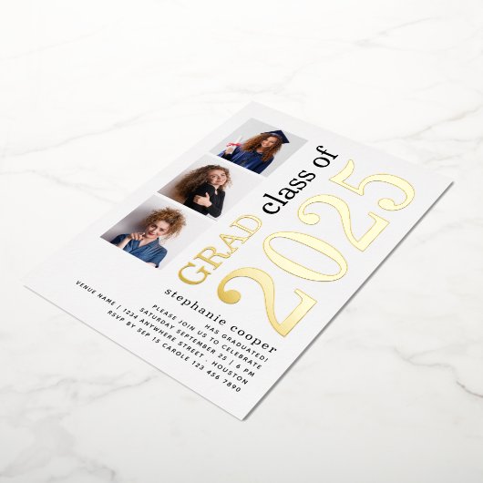 3 Foto's Afstuderen 2022 White Gold Real  Folie Uitnodiging (Gedraaid)