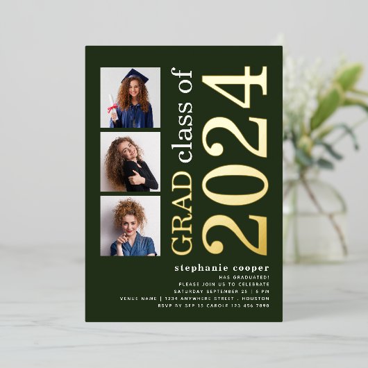 3 Foto's Afstuderen 2025 Groen Goud Echt Folie Uitnodiging (Staand Voorkant)