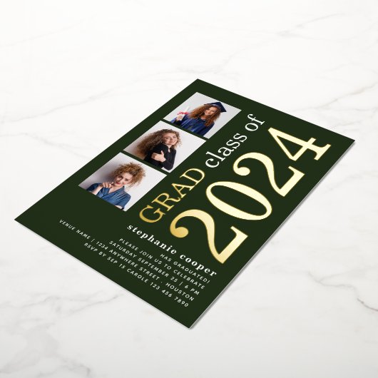 3 Foto's Afstuderen 2025 Groen Goud Echt Folie Uitnodiging (Gedraaid)