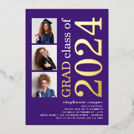 3 Foto's Afstuderen 2025 Paarse Goud Echt Folie Uitnodiging