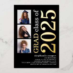 3 Foto's Afstuderen 2025 Zwart Goud Echt Folie Uitnodiging