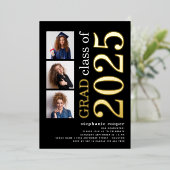 3 Foto's Afstuderen 2025 Zwart Goud Echte Folie Folie Uitnodiging (Staand Voorkant)