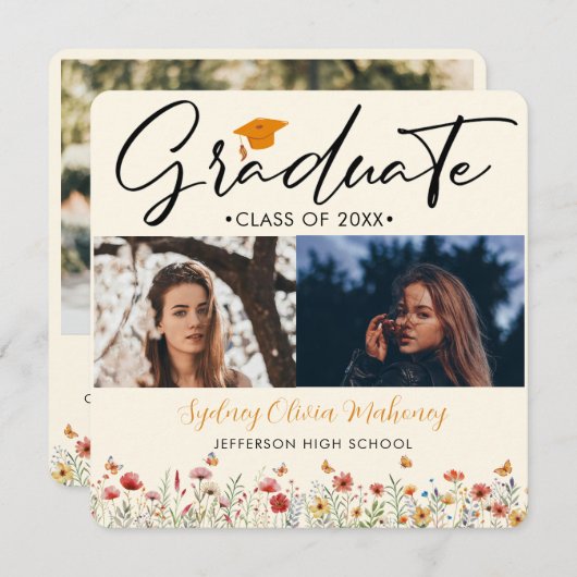 3 foto's Boho waterverf wilde bloem Afstuderen Aankondiging (Voorkant / Achterkant)