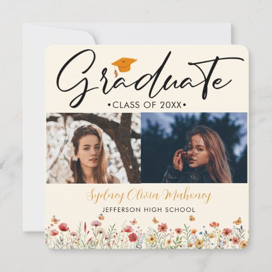 3 foto's Boho waterverf wilde bloem Afstuderen Aankondiging (Voorkant)