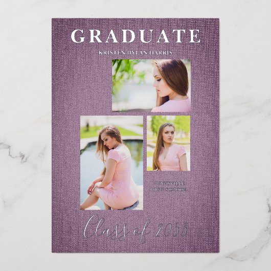 3 Foto's Collage Afstuderen Textieleffect Folie Uitnodiging (Voorkant)
