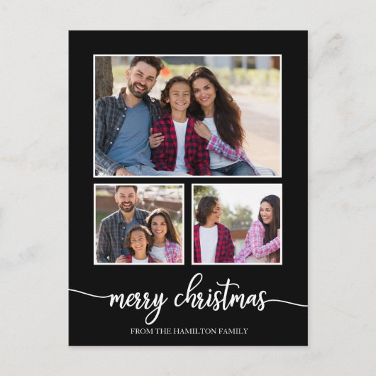 3 Foto's Collage Cute Script Merry KerstBlack Briefkaart (Voorkant)