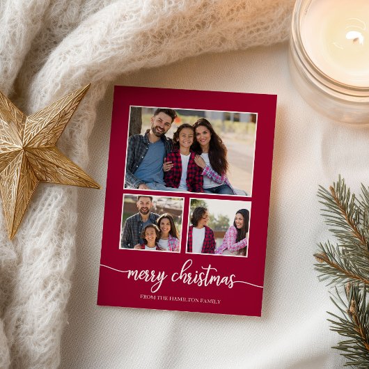 3 Foto's Collage Cute Script Merry Kerstmis Briefkaart