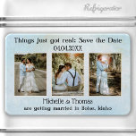 3 Foto's Dusty Blue Save the Date Magnet Magneet<br><div class="desc">Sparen de magneet van de Datum met 3 van uw eigen foto's die door een stoffig blauw ontwerp van de waterverf worden opgesteld.</div>