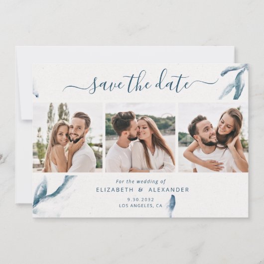3 foto's elegant blue waterverf, eenvoudig bruilof save the date (Voorkant)