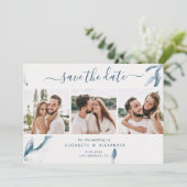 3 foto's elegant blue waterverf, eenvoudig bruilof save the date (Staand voorkant)