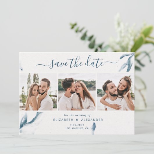 3 foto's elegant blue waterverf, eenvoudig bruilof save the date (Staand voorkant)