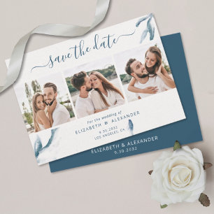 3 foto's elegant blue waterverf, eenvoudig bruilof save the date