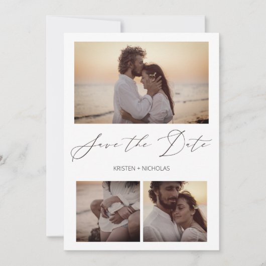 3 Fotos Elegantes Instantáneas Sesión Pareja Feliz Save The Date (Voorkant)