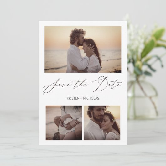 3 Fotos Elegantes Instantáneas Sesión Pareja Feliz Save The Date (Staand voorkant)
