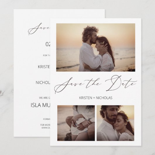 3 Fotos Elegantes Instantáneas Sesión Pareja Feliz Save The Date (Voorkant / Achterkant)
