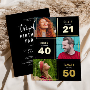 3 Foto's gezamenlijke verjaardagsfeest Zwart Goud Folie Uitnodiging