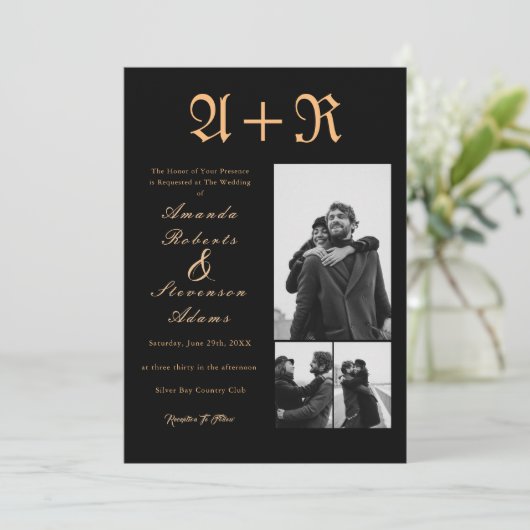 3 Foto's Golden Typography Monogram Wedding Kaart (Staand voorkant)