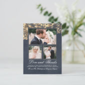 3 foto's goud en marineblauw trouwbedankje briefkaart (Staand voorkant)