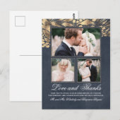 3 foto's goud en marineblauw trouwbedankje briefkaart (Voorkant / Achterkant)
