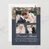 3 foto's Goud en Navy Bruiloft Dank u Briefkaart (Voorkant / Achterkant)
