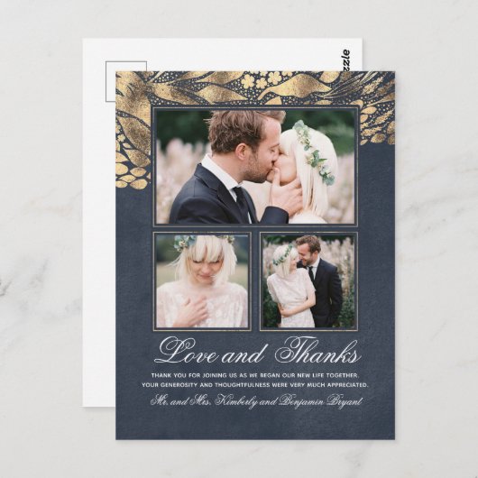 3 foto's Goud en Navy Bruiloft Dank u Briefkaart (Voorkant / Achterkant)