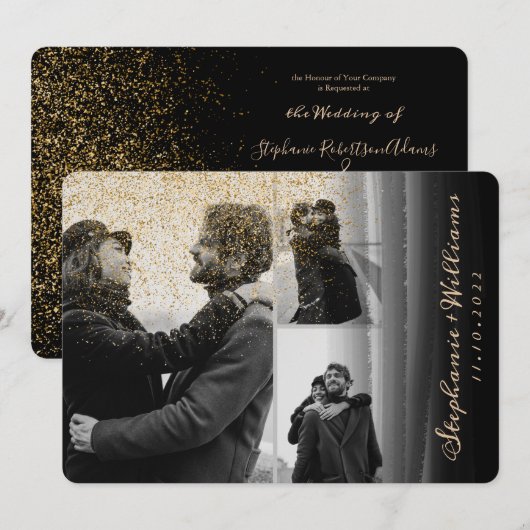 3 foto's gouden glitter Black Waterverf Weddenscha Kaart (Voorkant / Achterkant)