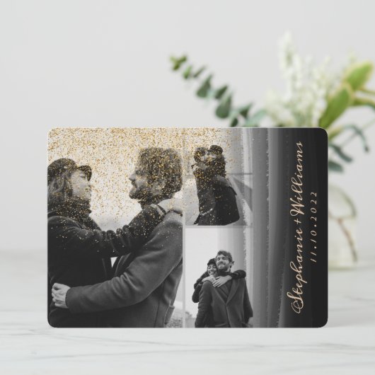 3 foto's gouden glitter Black Waterverf Weddenscha Kaart (Staand voorkant)