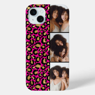 3 Foto's Hot Roze En Gouden Luipaardprint iPhone 15 Mini Hoesje