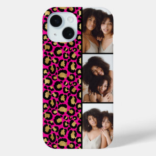 3 Foto's Hot Roze En Gouden Luipaardprint iPhone 15 Case