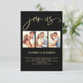 3 foto's Join Us Script Wedding Gold Black Kaart (Staand voorkant)