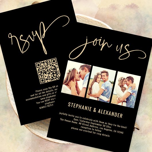 3 foto's Join Us Script Wedding Gold Black Kaart