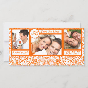 3 foto's Liefdesvogels Oranje Damast Save the Date