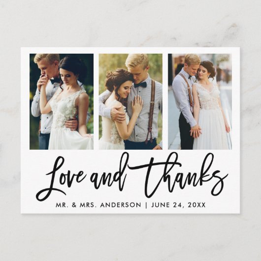 3 Foto's Modern Brush Script Huwelijk Liefde Dank Briefkaart (Voorkant)