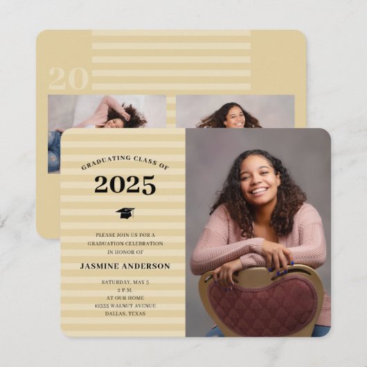 3 Foto's Modern Gold Stripes Graduation Party Kaart (Voorkant / Achterkant)