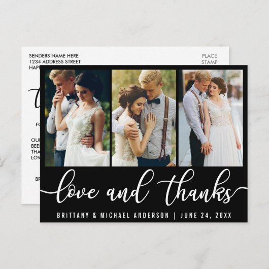 3 Foto's Moderne Trouwliefde Dank White Script Briefkaart (Voorkant / Achterkant)