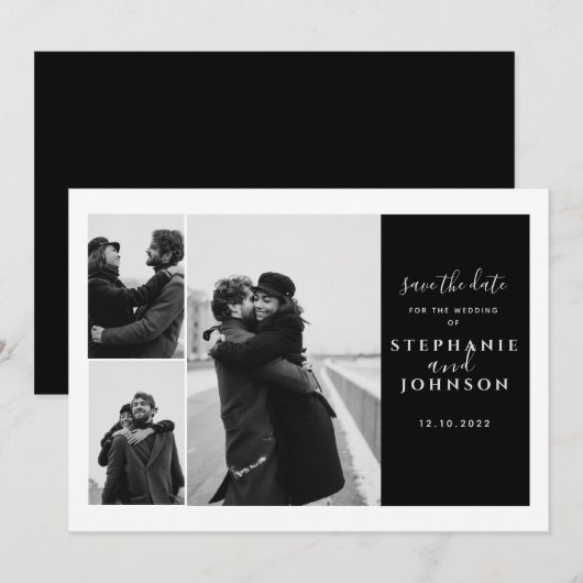 3 foto's moderne typografie zwart-wit bruiloft save the date (Voorkant / Achterkant)